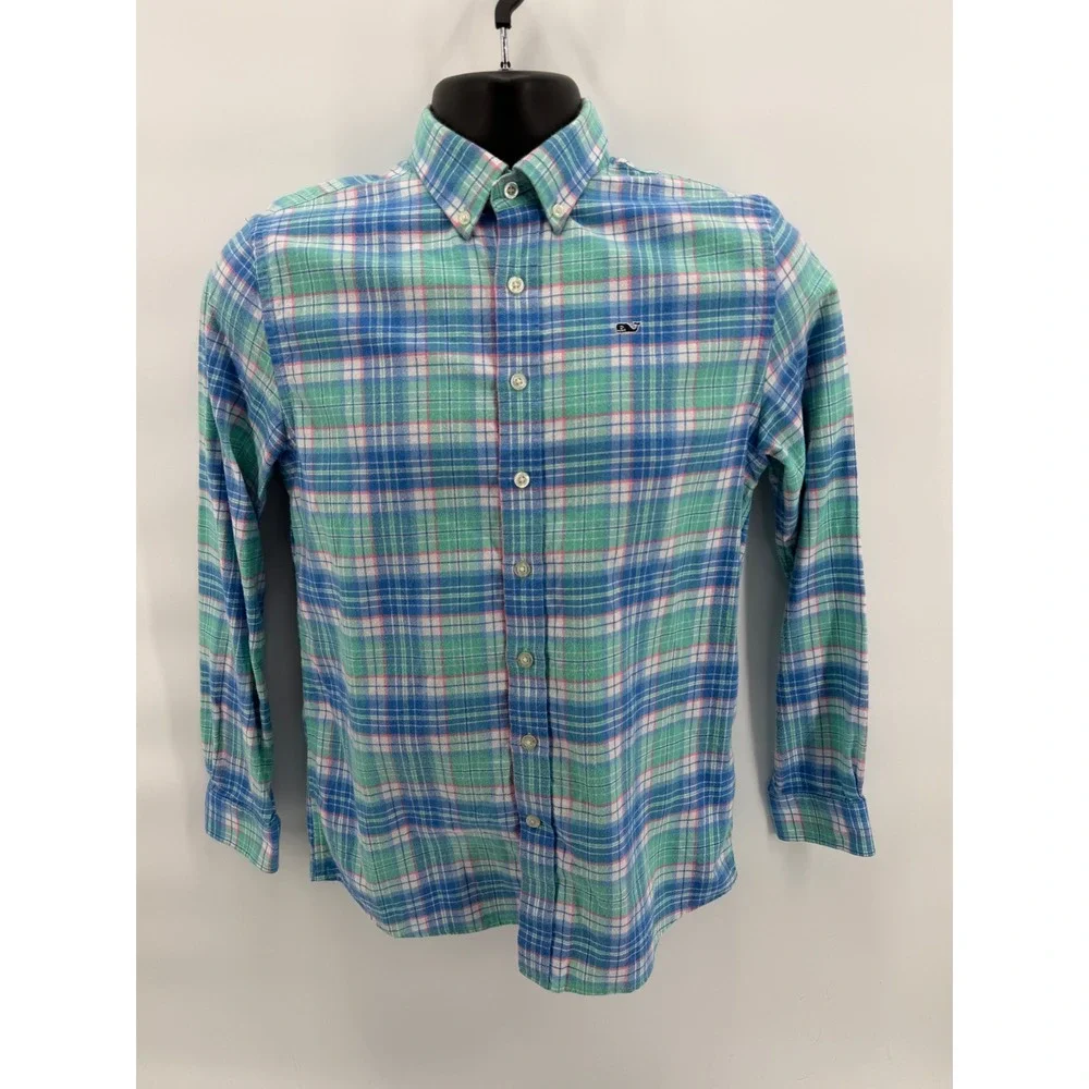 Vineyard Vines Button Down Shirt Boys Large 16 Blue Green Plaid Whale
